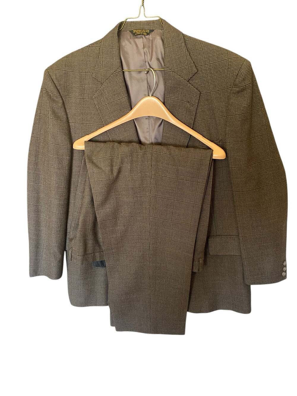 Embassy Square Men's 100% Pure Wool 2-Piece Suit Brown Houndstooth Made in USA